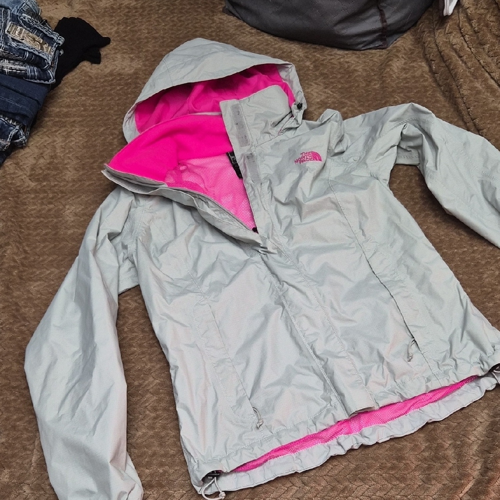 The North Face Light Gray Jacket with Pink Interior